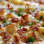 Baked mac and cheese with bacon in white dish, golden crusty top with crispy bacon pieces