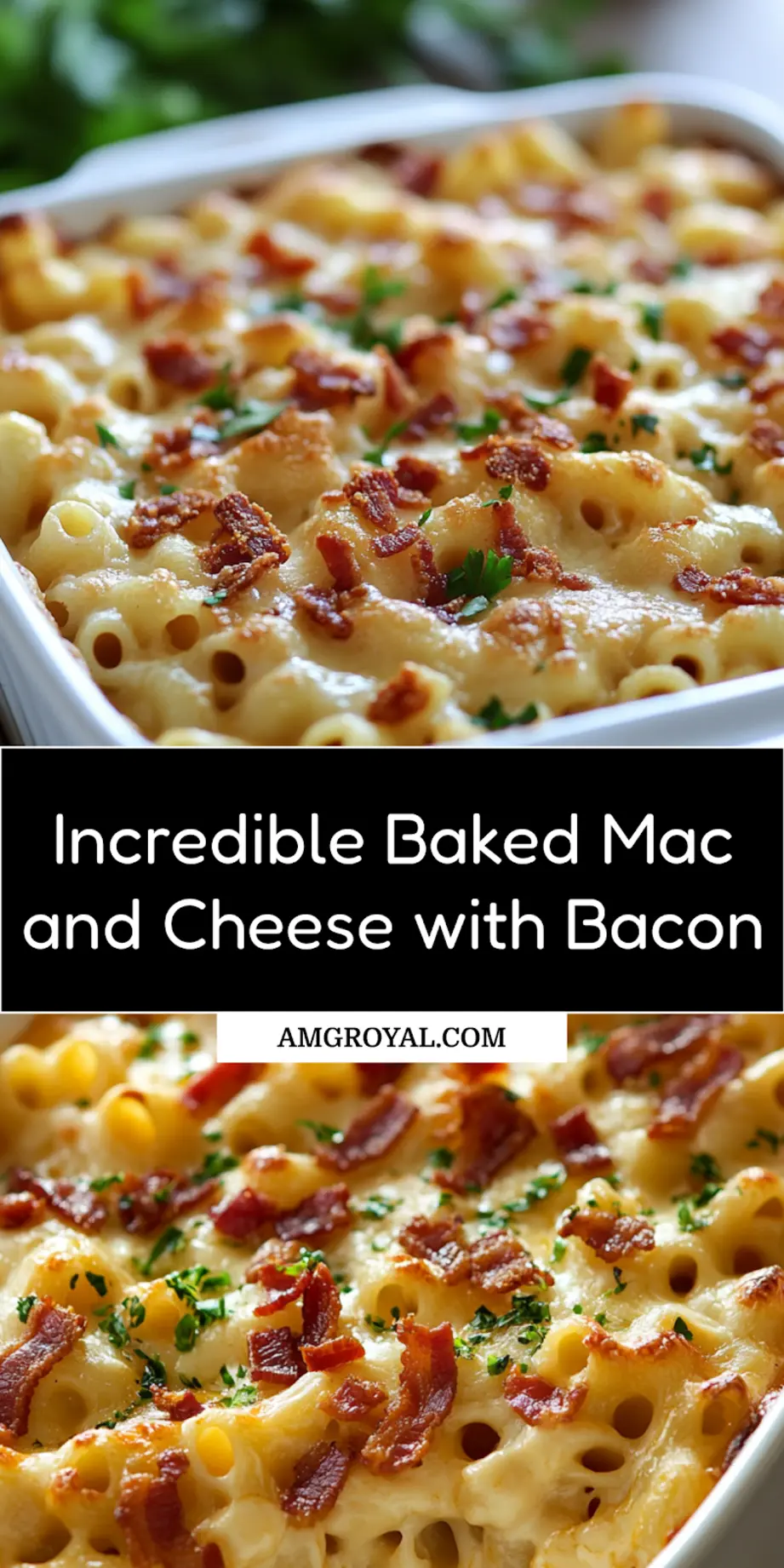 Baked mac and cheese with bacon in white dish, golden crusty top with crispy bacon pieces_pin