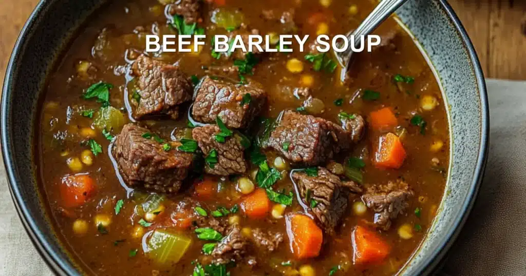 BEEF BARLEY SOUP in rustic bowl, centered hero shot with tender beef chunks and pearl barley in rich broth