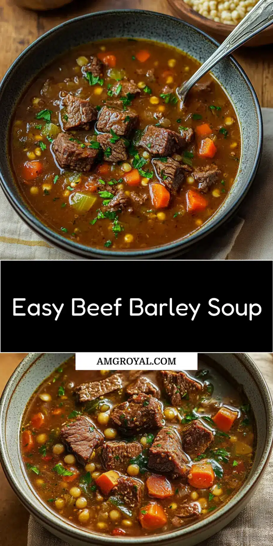 BEEF BARLEY SOUP in rustic bowl, centered hero shot with tender beef chunks and pearl barley in rich broth