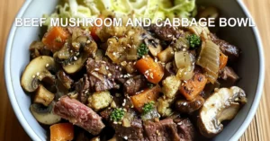 BEEF MUSHROOM AND CABBAGE BOWL centered hero view, clean and uncluttered