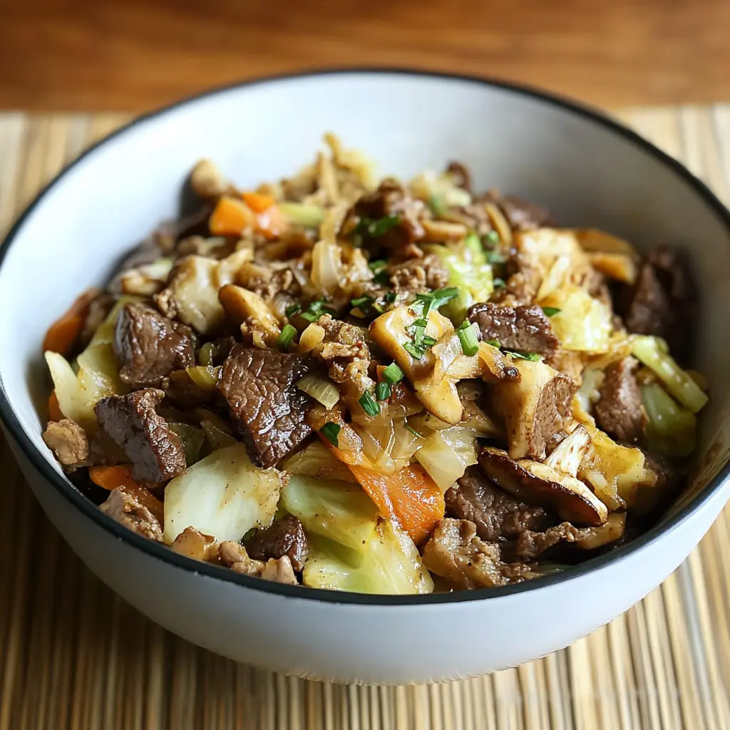 Beef Mushroom and Cabbage Bowl centered hero view, clean and uncluttered