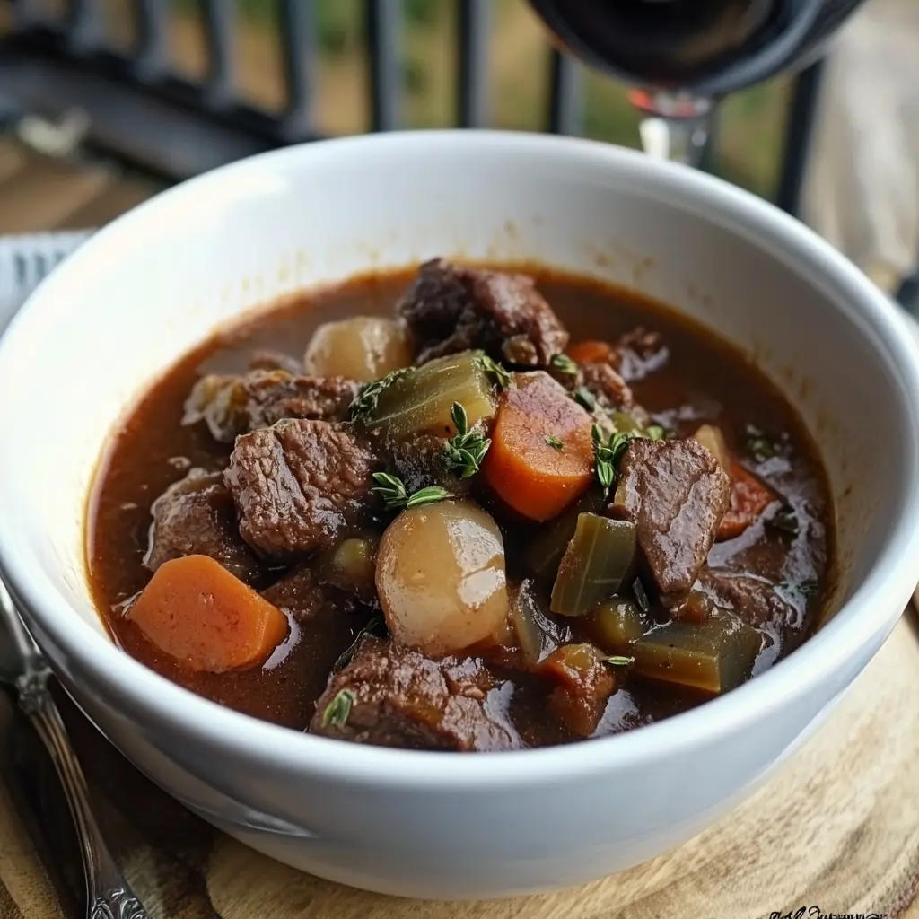 Beef stew with red wine centered hero view, clean and uncluttered