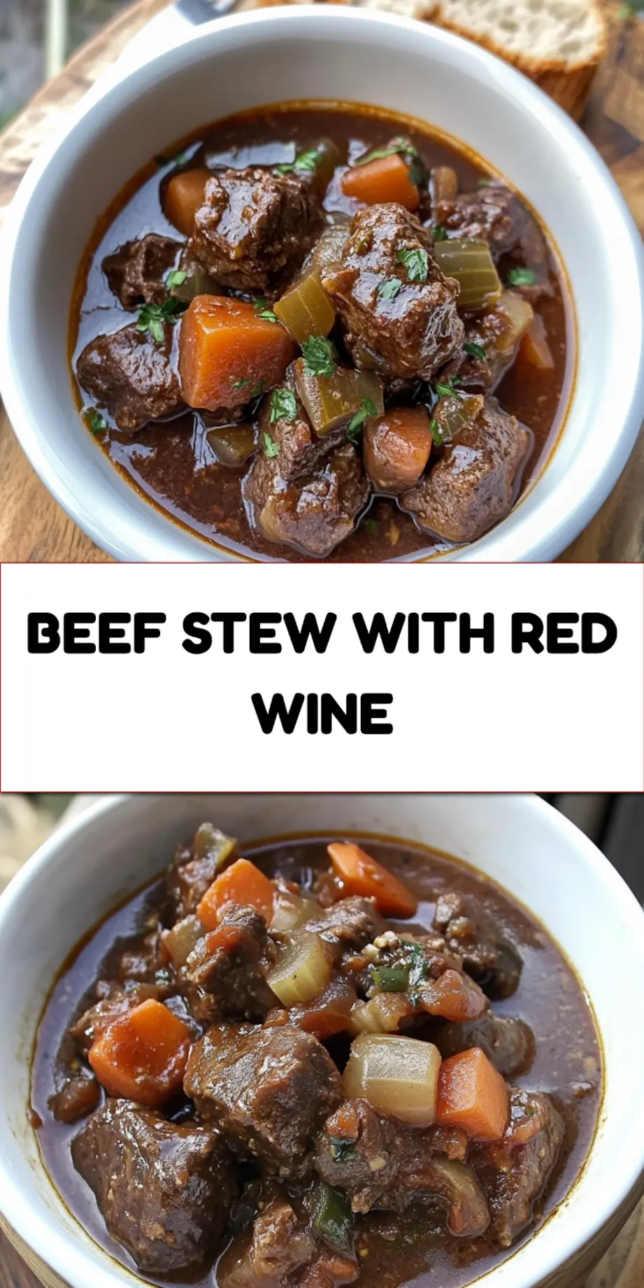 Beef stew with red wine centered hero view, clean and uncluttered pin