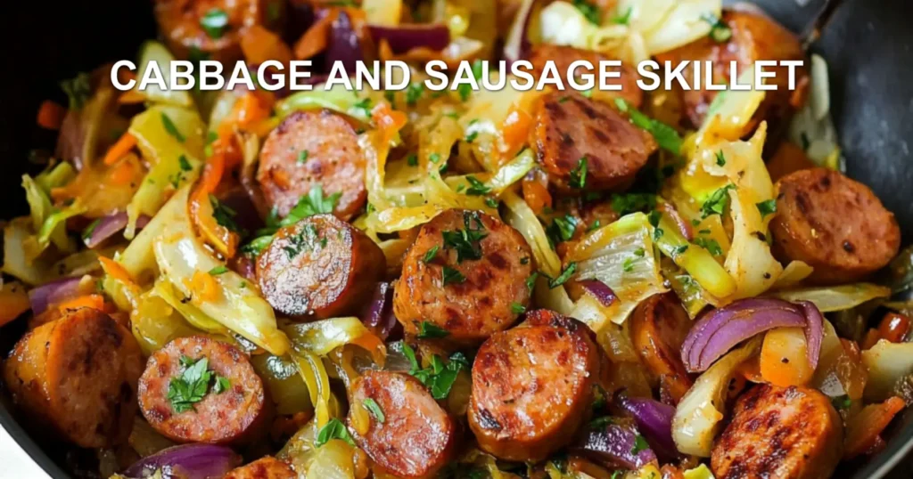 CABBAGE AND SAUSAGE SKILLET centered hero view, clean and uncluttered