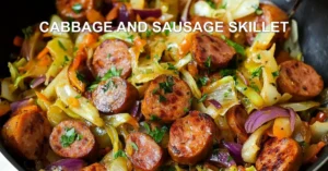 CABBAGE AND SAUSAGE SKILLET centered hero view, clean and uncluttered