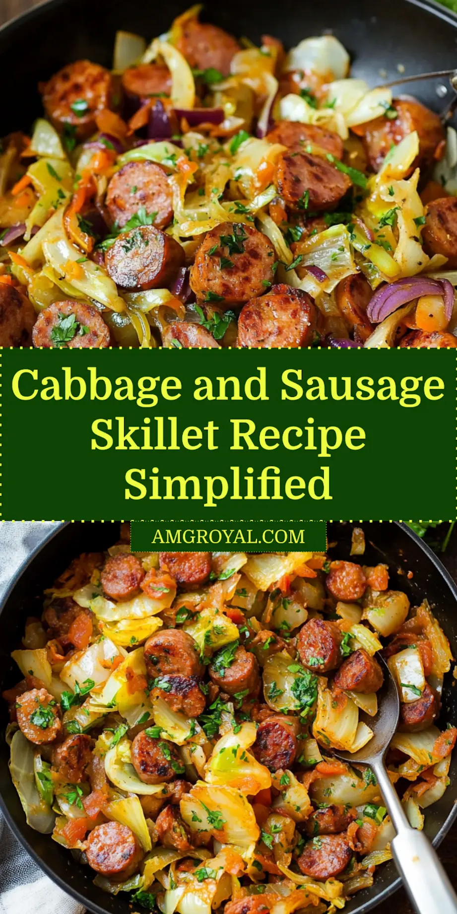 Finished cabbage and sausage skillet served in a rustic skillet, ready to eat
