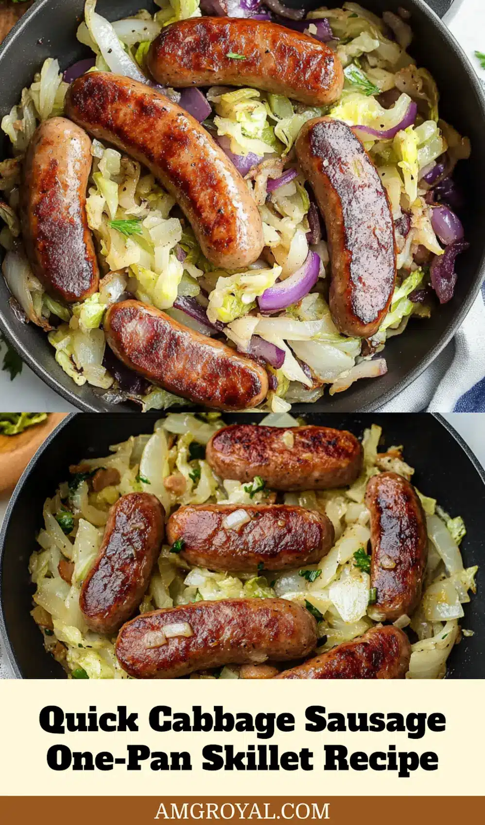 Finished cabbage sausage one pan skillet dish, served warm