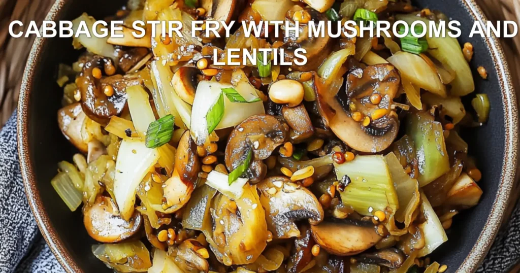 CABBAGE STIR FRY WITH MUSHROOMS AND LENTILS centered hero view, clean and uncluttered