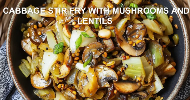 CABBAGE STIR FRY WITH MUSHROOMS AND LENTILS centered hero view, clean and uncluttered