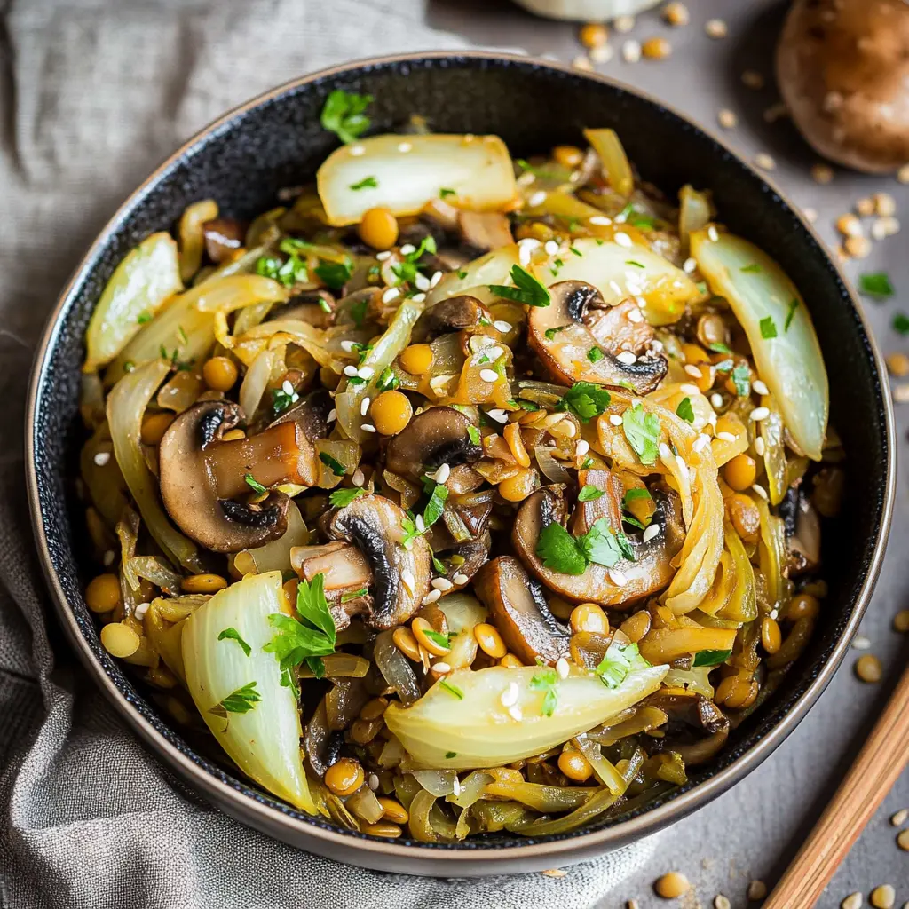 CABBAGE STIR FRY WITH MUSHROOMS AND LENTILS centered hero view, clean and uncluttered