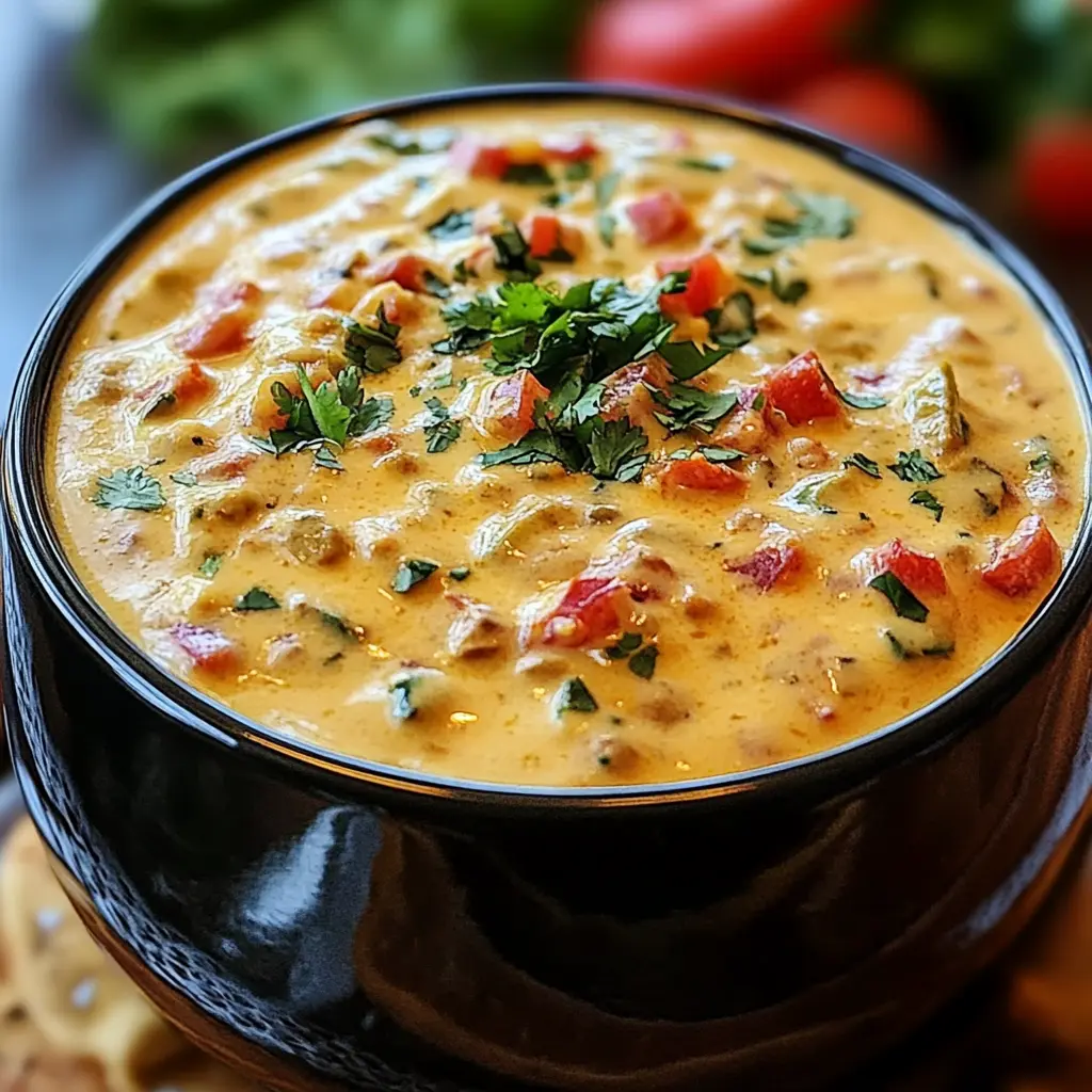 Cheesy Rotel Ranch Queso in a bowl, centered hero view, clean and uncluttered