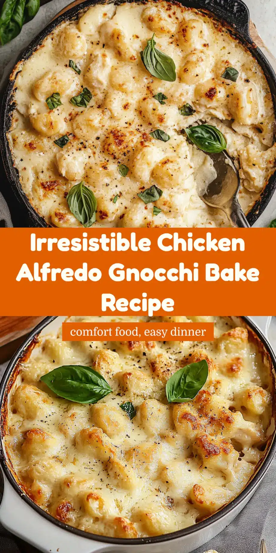 Chicken Alfredo Gnocchi Bake: Delicious Cozy Comfort 7 Finished Chicken Alfredo Gnocchi Bake in a cast iron pan, golden cheese bubbling on top