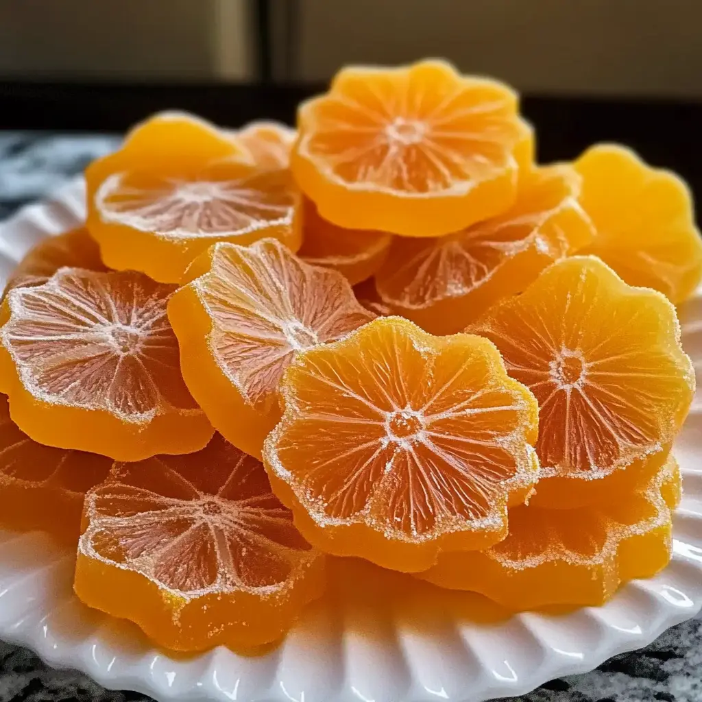 Classic Homemade Orange Candy Recipe - Easy and Delicious 6 Classic homemade orange candy recipe showing glossy candied orange slices arranged on a white surface