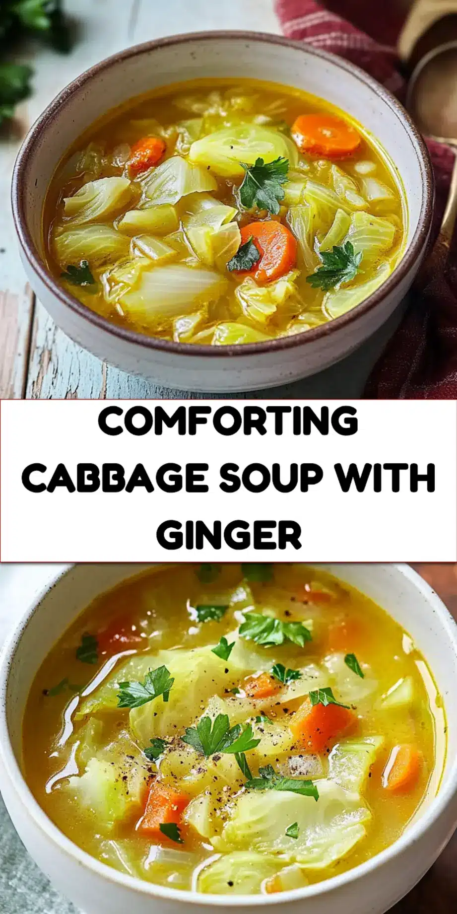 Comforting cabbage soup with ginger pinterest image, centered hero view, clean and uncluttered