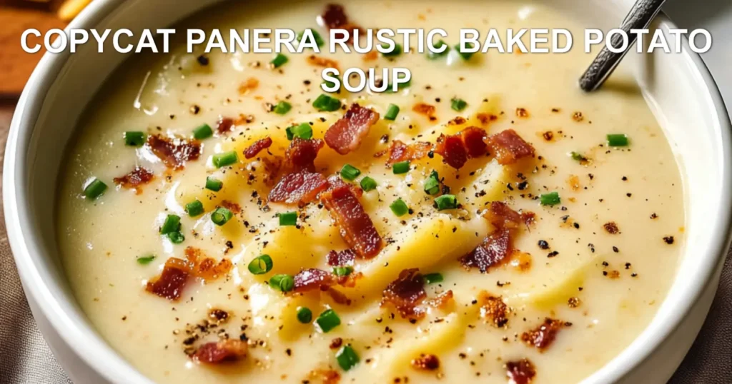 Copycat Panera rustic baked potato soup in white bowl with cheese, bacon, and chives