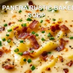 Copycat Panera rustic baked potato soup in white bowl with cheese, bacon, and chives