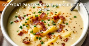 Copycat Panera rustic baked potato soup in white bowl with cheese, bacon, and chives