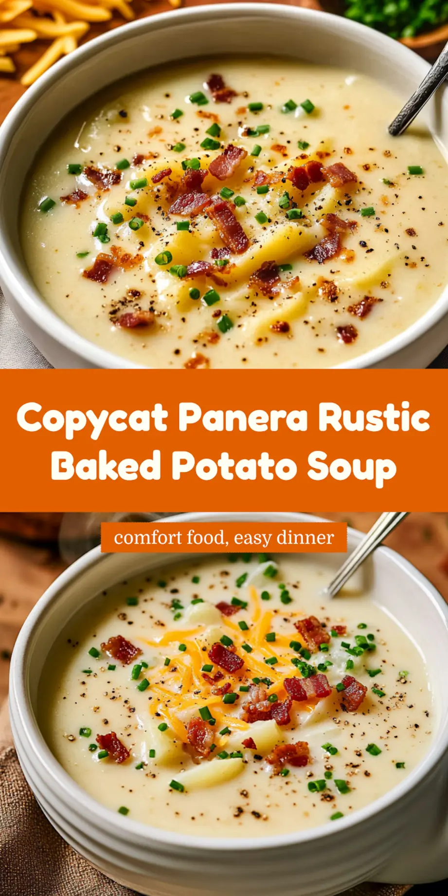 Copycat Panera rustic baked potato soup in white bowl with cheese, bacon, and chives