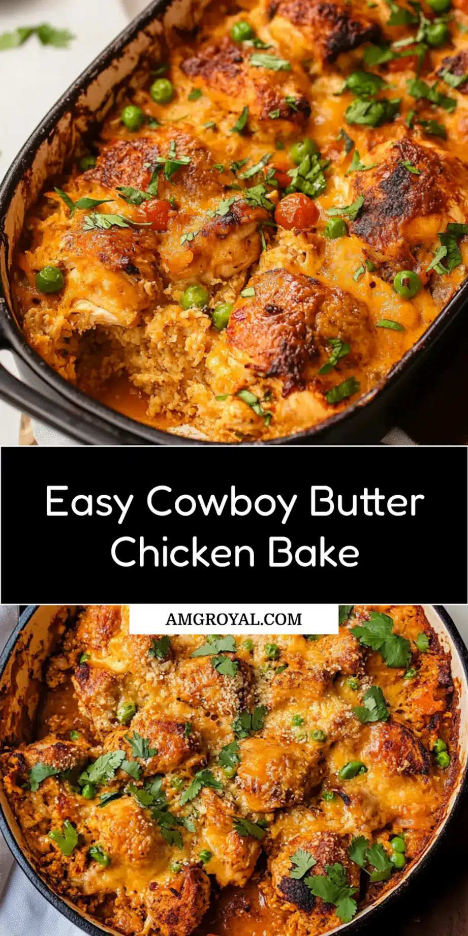 Close-up of finished Cowboy Butter Chicken Bake showing golden chicken and vegetables