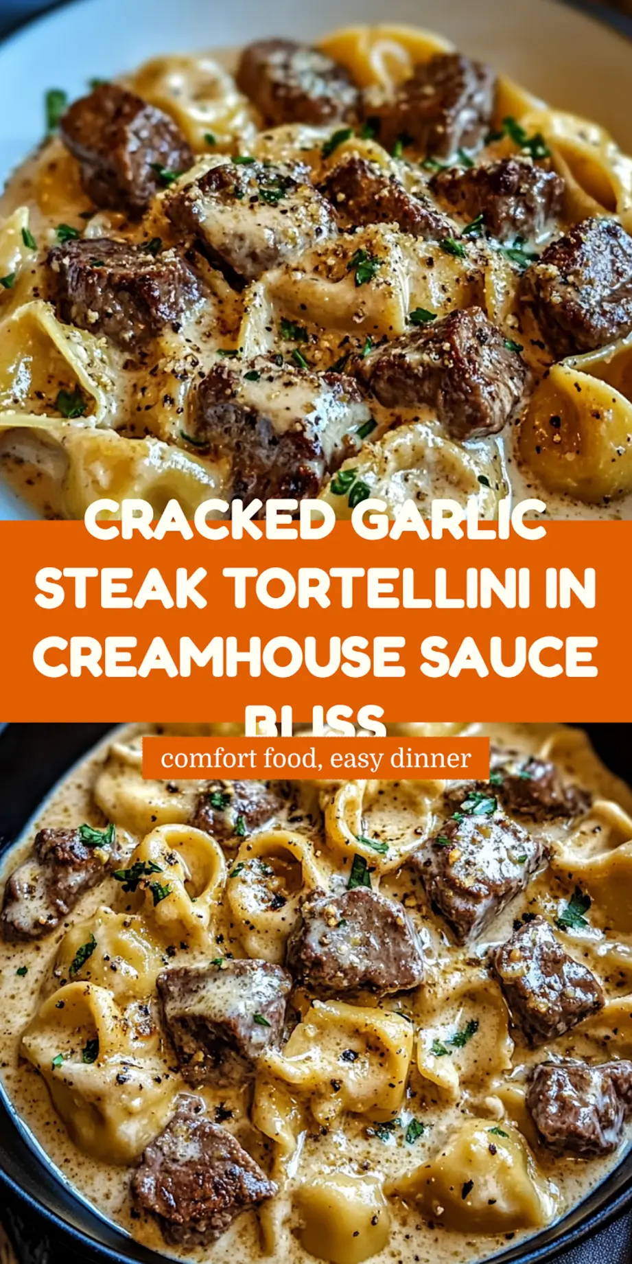 Cracked Garlic Steak Tortellini in Creamhouse Sauce Bliss, centered hero view, clean and uncluttered