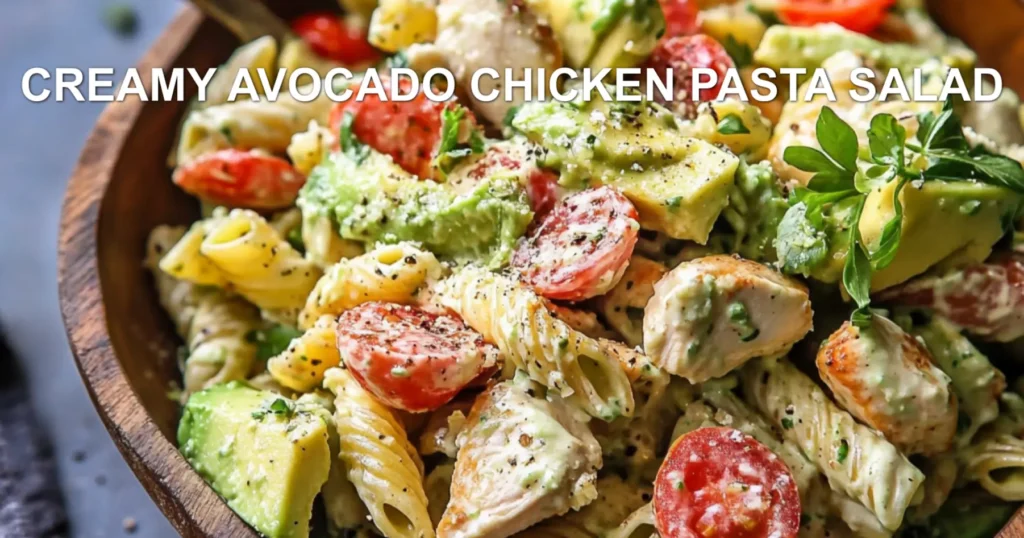 CREAMY AVOCADO CHICKEN PASTA SALAD centered hero view, clean and uncluttered