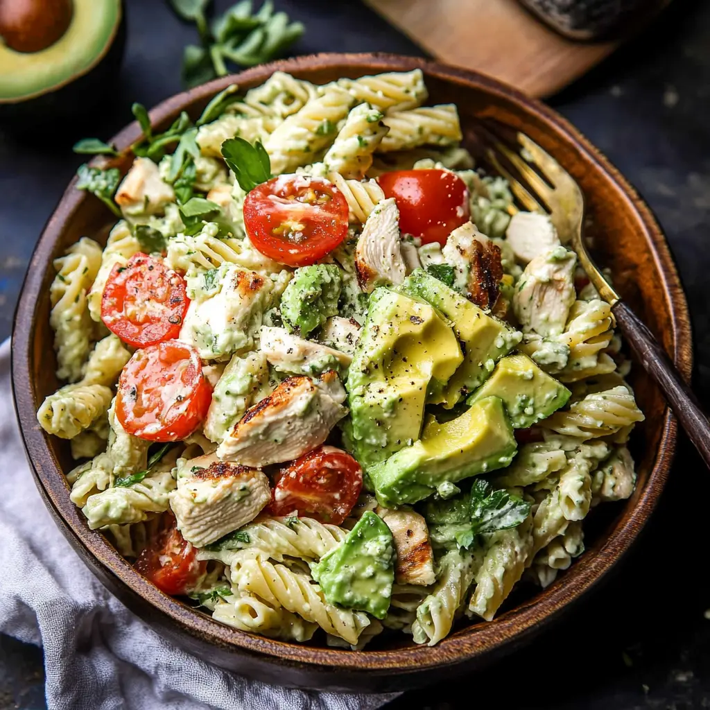 Creamy Avocado Chicken Pasta Salad centered hero view, clean and uncluttered