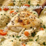 CREAMY CHICKEN AND DUMPLING SOUP centered hero view, clean and uncluttered