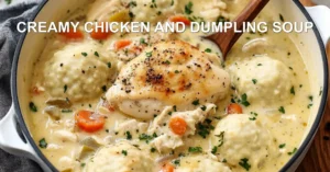 Creamy Chicken and Dumpling Soup: Easy Recipe Secrets CREAMY CHICKEN AND DUMPLING SOUP centered hero view, clean and uncluttered