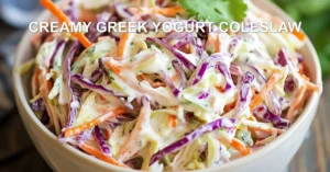 Creamy Greek Yogurt Coleslaw Recipe Easy Fresh and Delicious CREAMY GREEK YOGURT COLESLAW centered hero view, clean and uncluttered