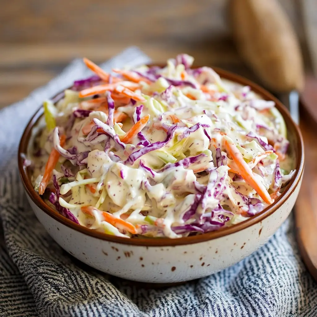 CREAMY GREEK YOGURT COLESLAW centered hero view, clean and uncluttered