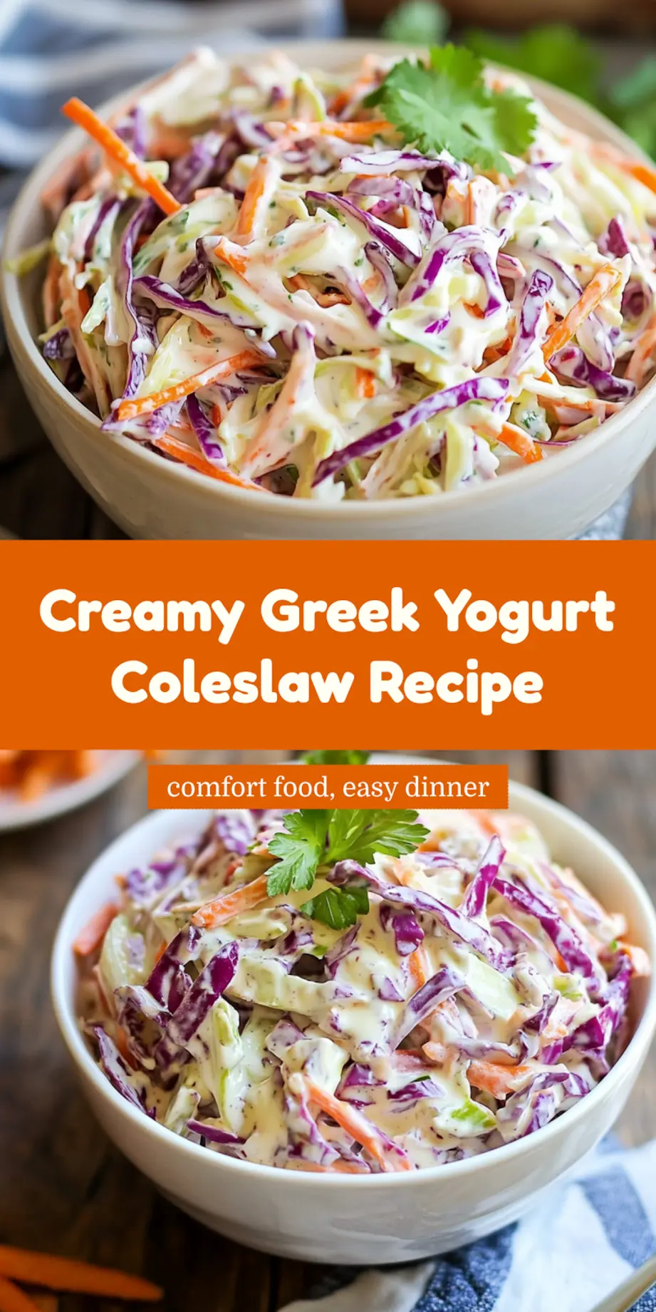 CREAMY GREEK YOGURT COLESLAW centered hero view, clean and uncluttered_pin