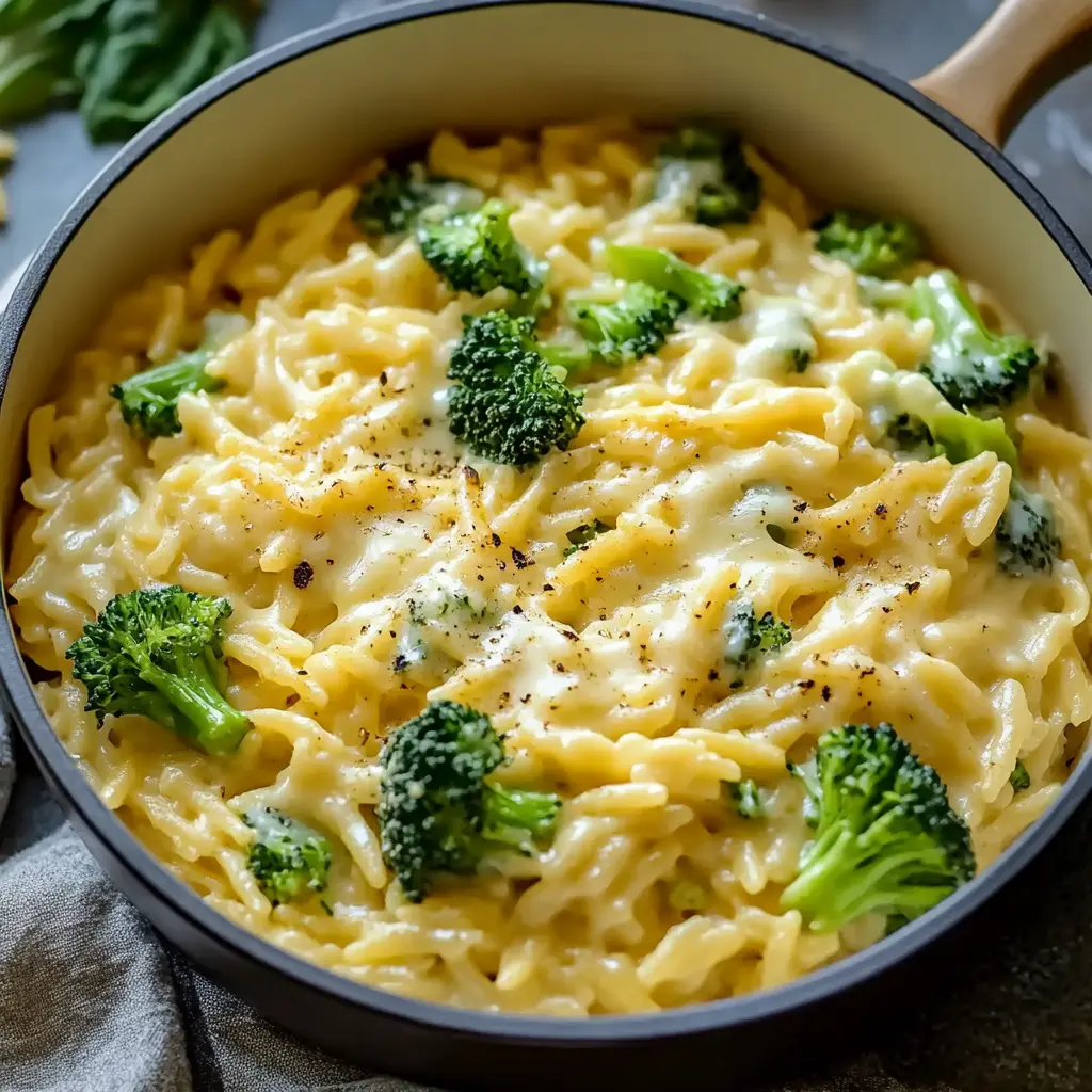 CREAMY ONE POT BROCCOLI CHEDDAR ORZO centered hero view, clean and uncluttered