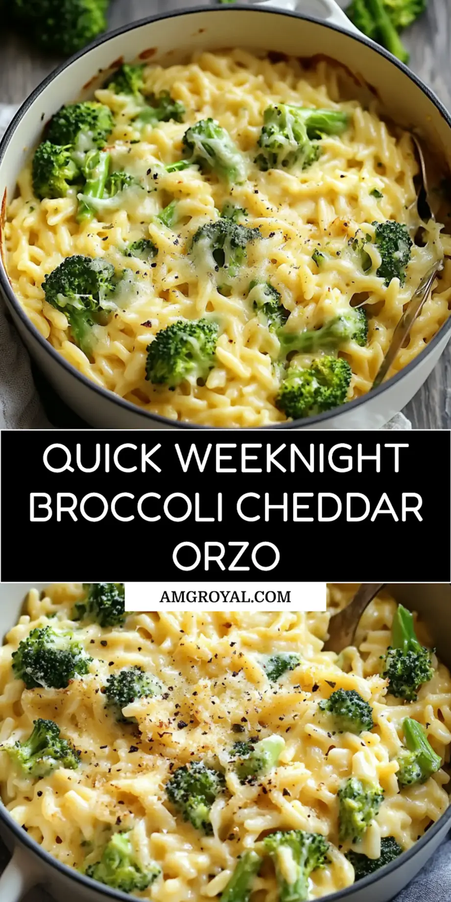 CREAMY ONE POT BROCCOLI CHEDDAR ORZO centered hero view, clean and uncluttered_pin
