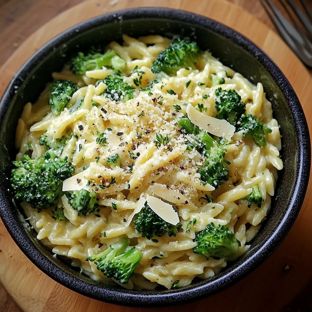 Creamy orzo with Parmesan and broccoli centered hero view, clean and uncluttered