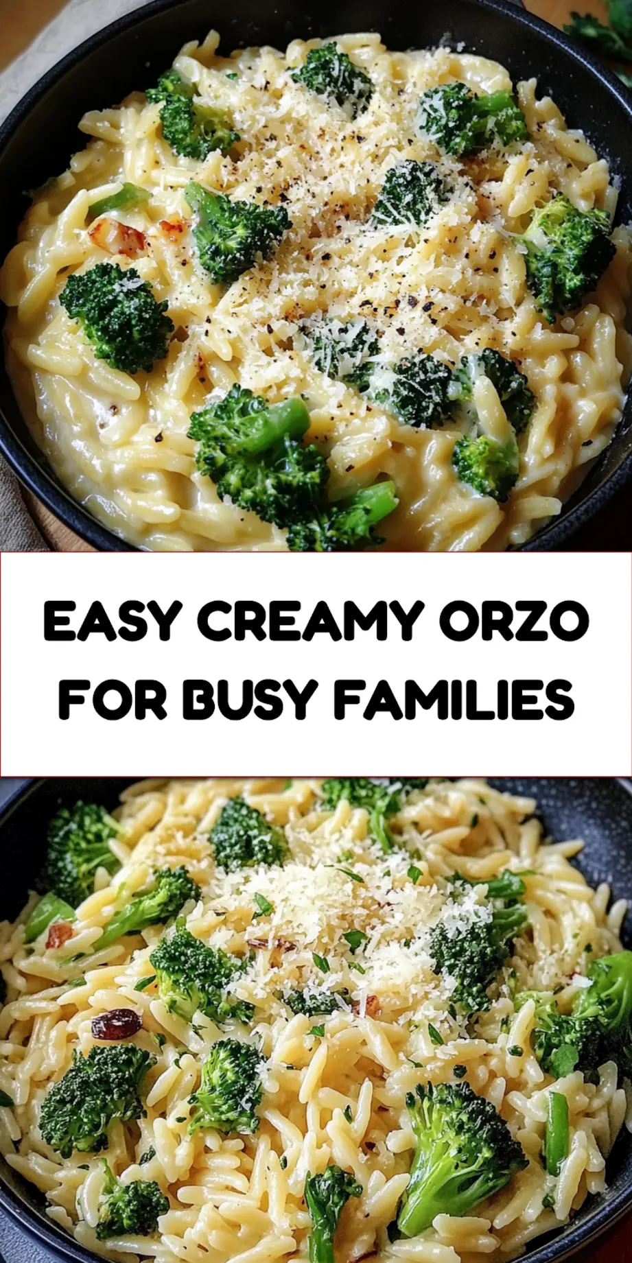 Creamy orzo with Parmesan and broccoli centered hero view, clean and uncluttered
