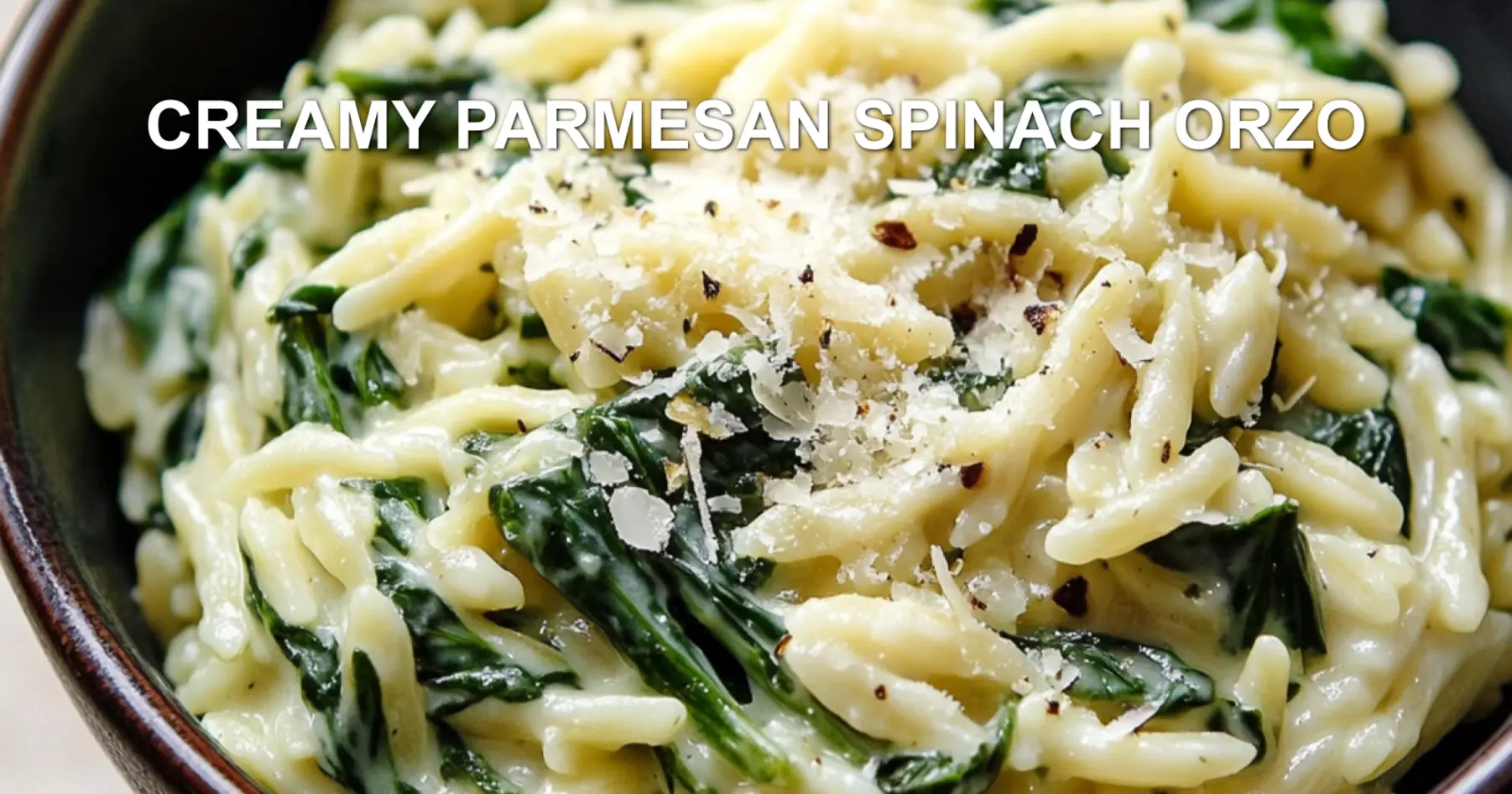 CREAMY PARMESAN SPINACH ORZO centered hero view, clean and uncluttered