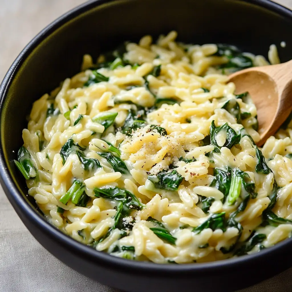 Creamy Parmesan Spinach Orzo in a white bowl, centered hero view