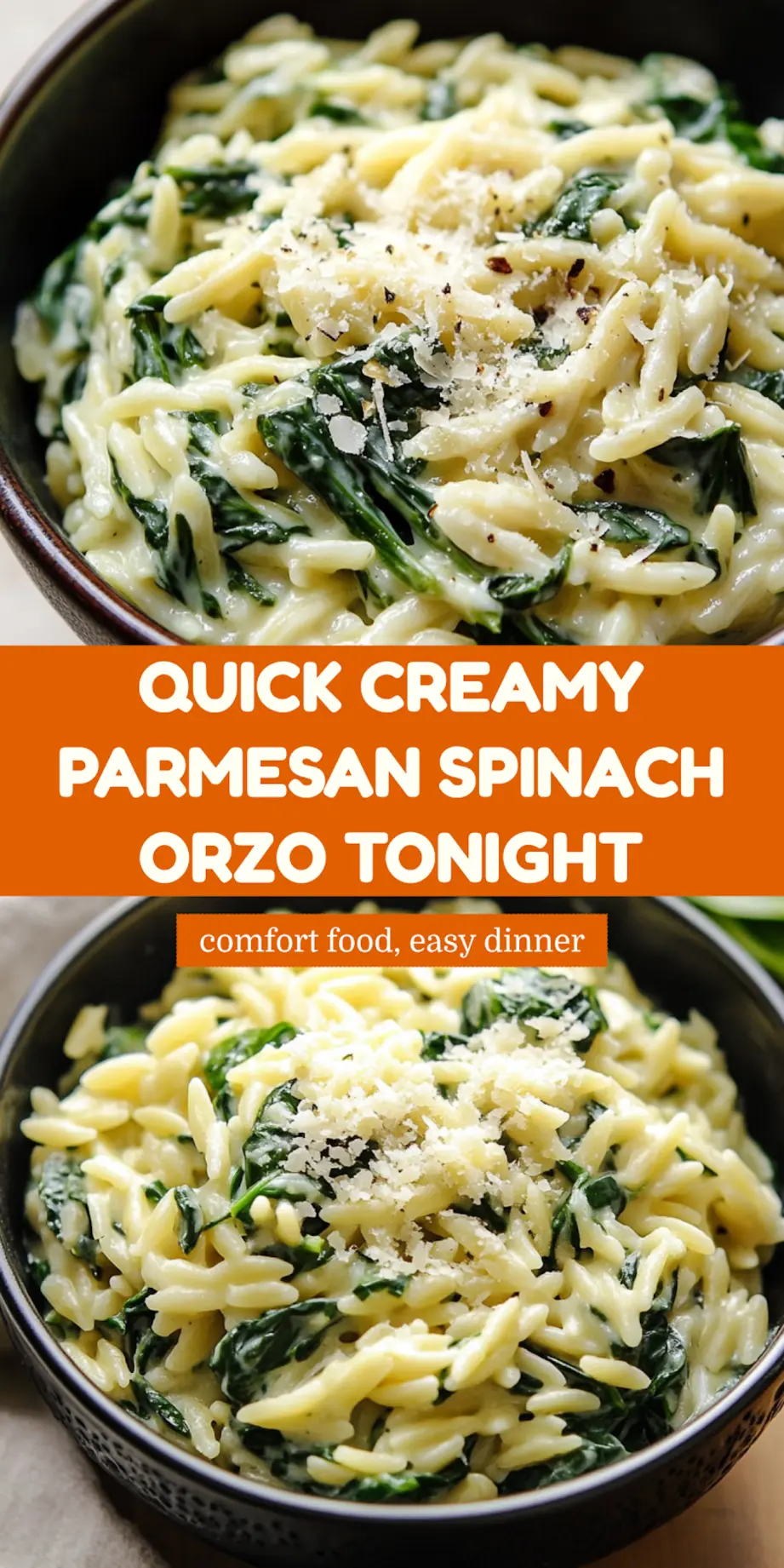Creamy Parmesan Spinach Orzo pin image, centered hero view