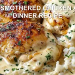 CREAMY SMOTHERED CHICKEN AND RICE DINNER RECIPE centered hero view, clean and uncluttered