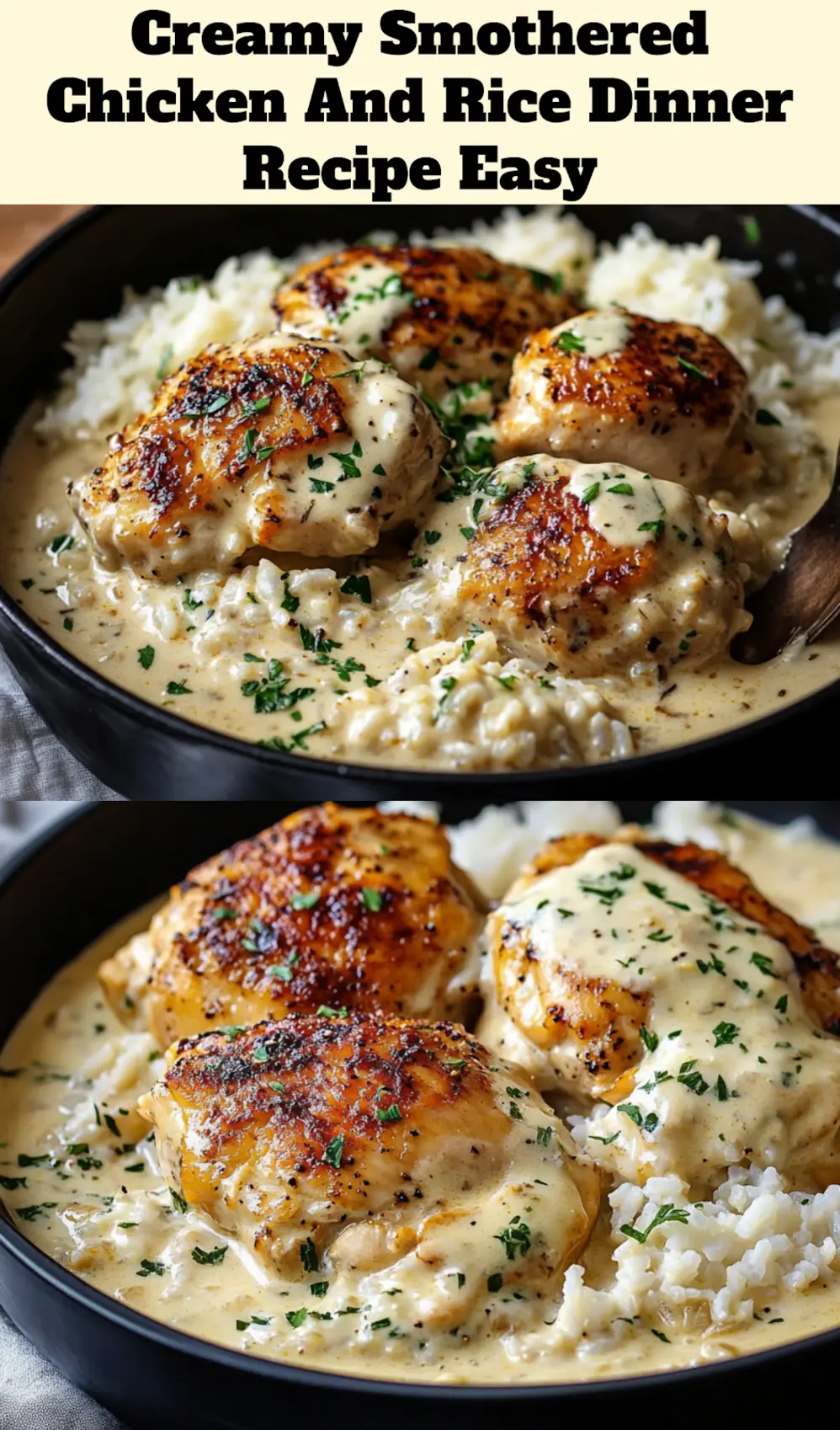 CREAMY SMOTHERED CHICKEN AND RICE DINNER RECIPE centered hero view, clean and uncluttered