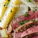 CROCK POT CORNED BEEF AND CABBAGE centered hero view, clean and uncluttered