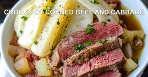 CROCK POT CORNED BEEF AND CABBAGE centered hero view, clean and uncluttered