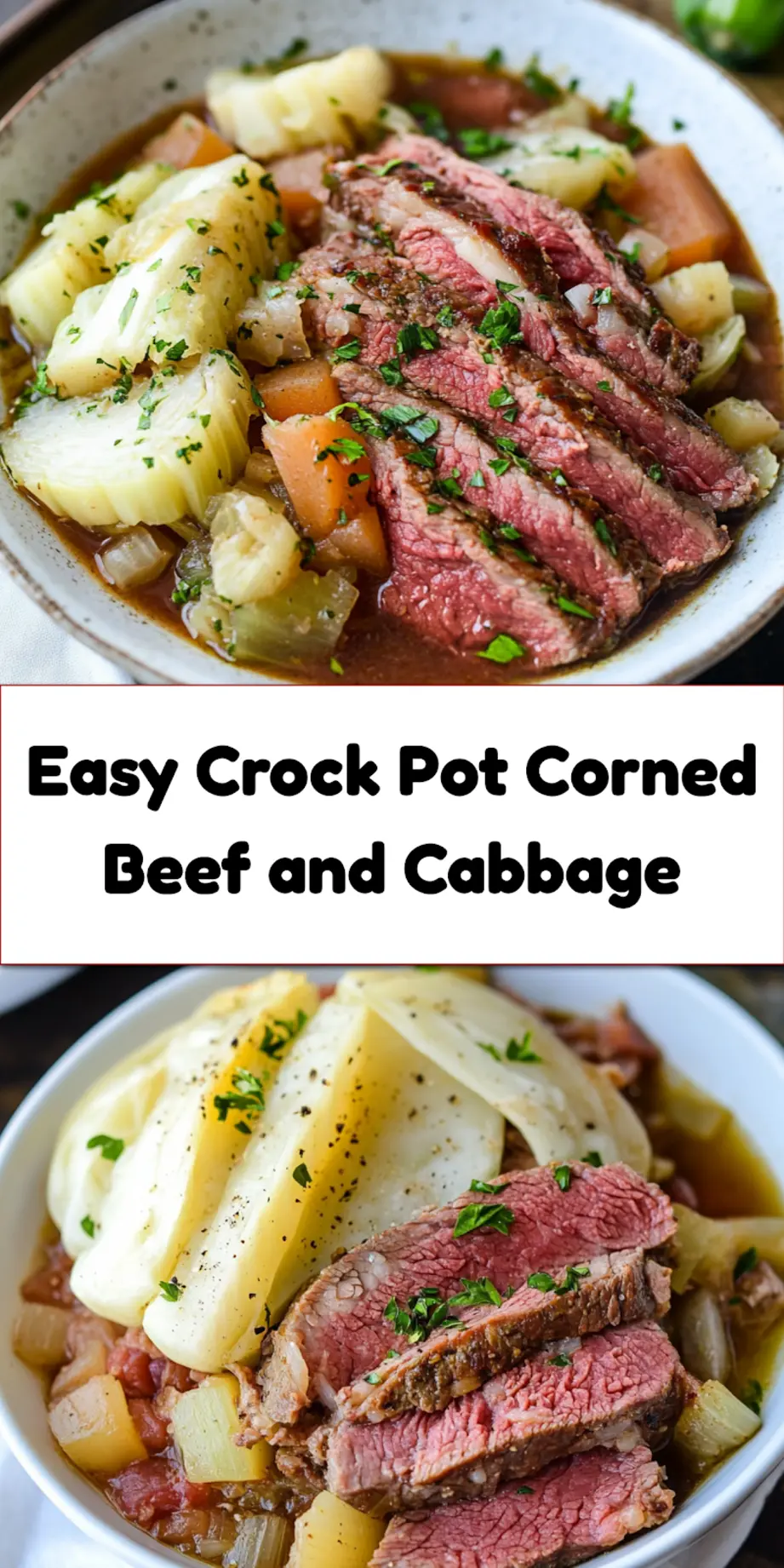 Finished Crock Pot Corned Beef and Cabbage served on a plate