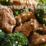 CROCKPOT BEEF AND BROCCOLI centered hero view, clean and uncluttered