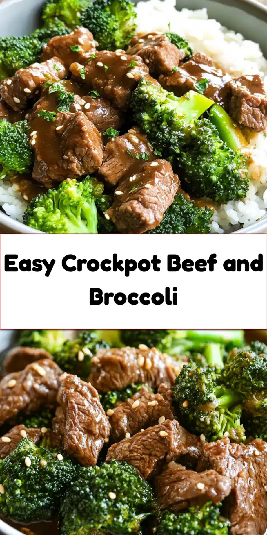 Crockpot beef and broccoli served with rice, showing a glossy sauce coating tender beef and vegetables