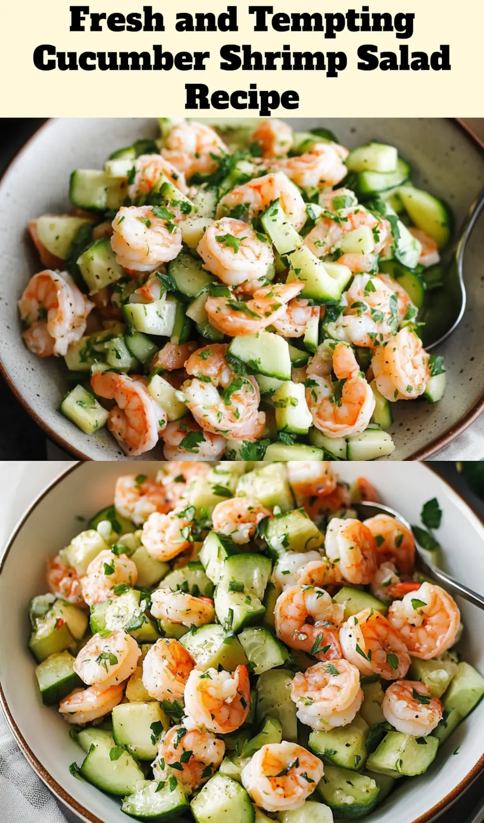 Finished cucumber shrimp salad served in a clean bowl with fresh herbs