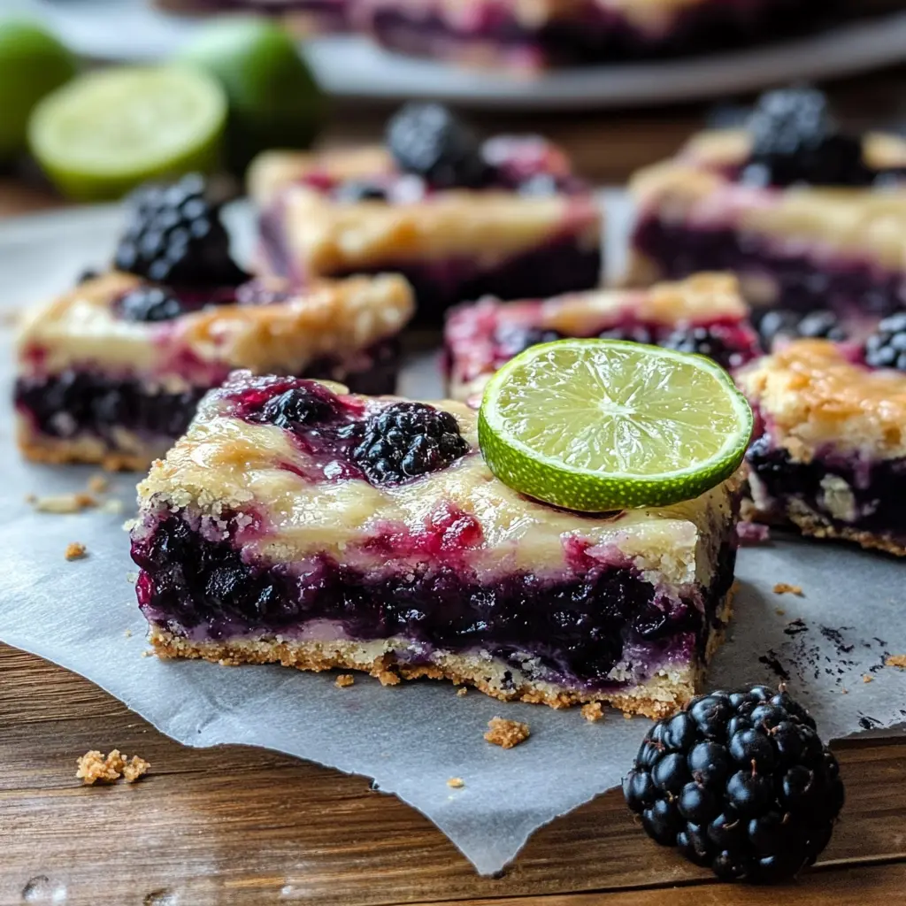 Easy to make blackberry lime bars with a glossy, fresh topping, presented on a clean and uncluttered surface