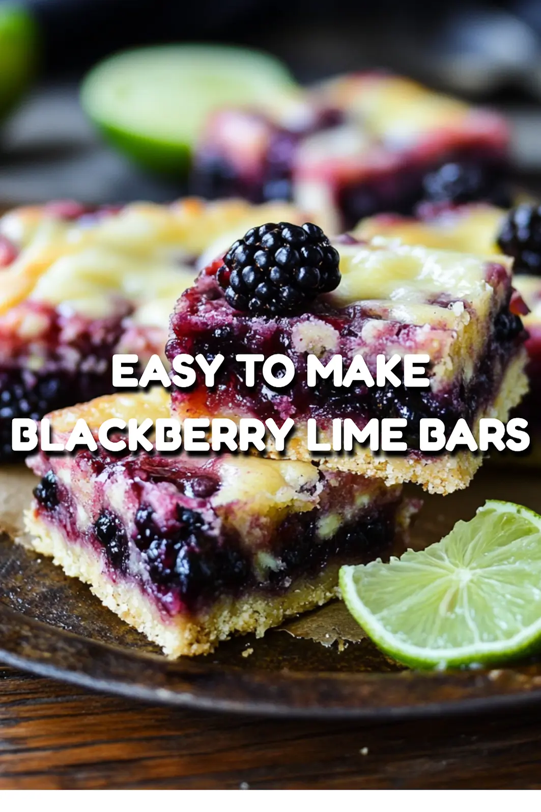 Side view of easy to make blackberry lime bars, showcasing the glossy lime curd topping and fresh blackberries