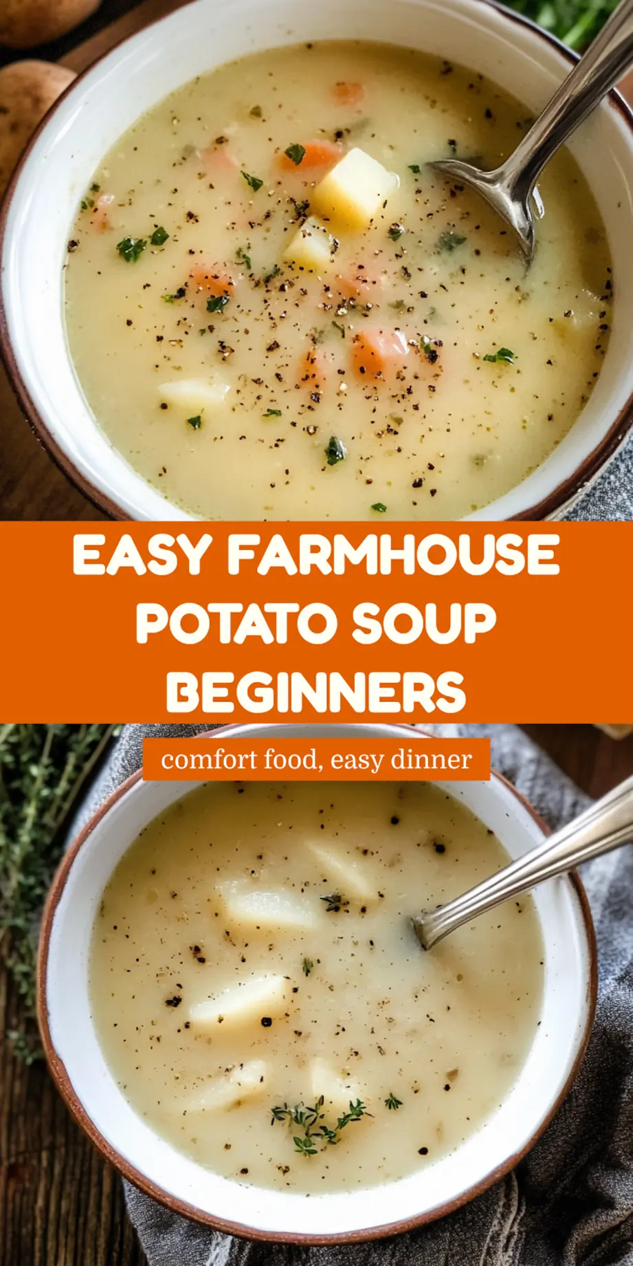 Farmhouse Potato Soup Recipe: Easy Cozy Comfort in a Bowl 7 Farmhouse Potato Soup pin image, centered hero view, clean and uncluttered